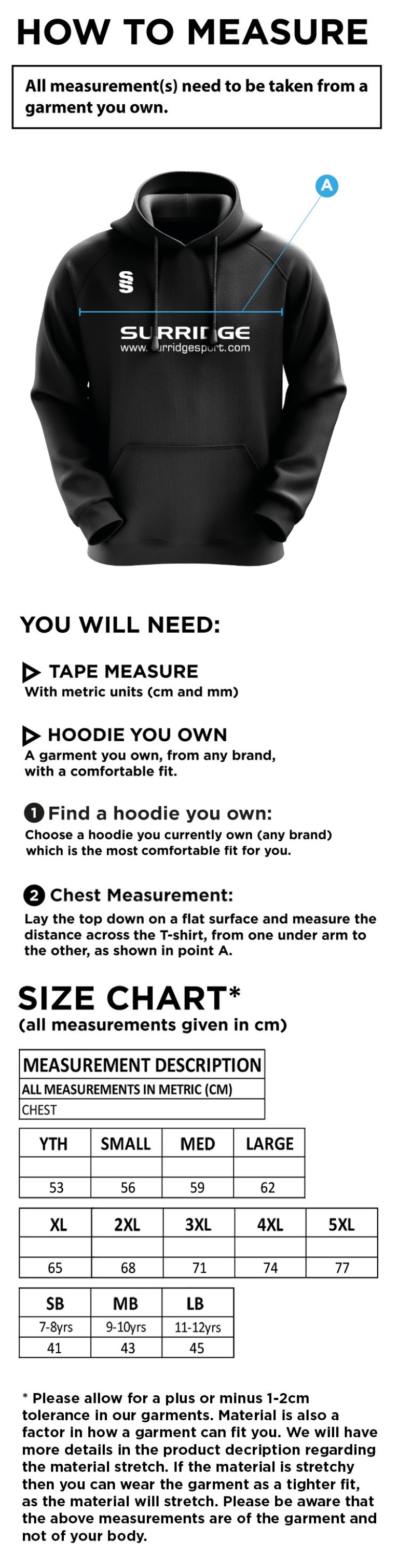 Griffins CC - Blade Hoodie - Size Guide