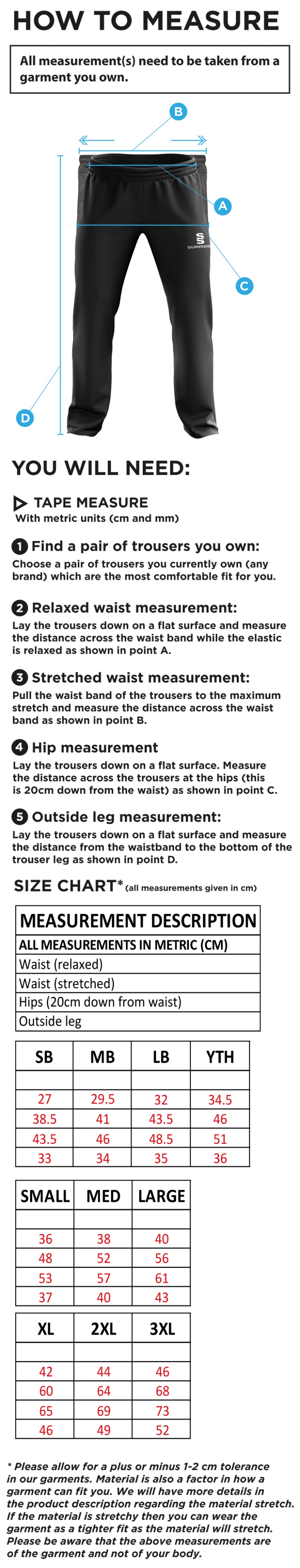 GRIFFINS CC Rip Stop Track Pant : Black - Size Guide