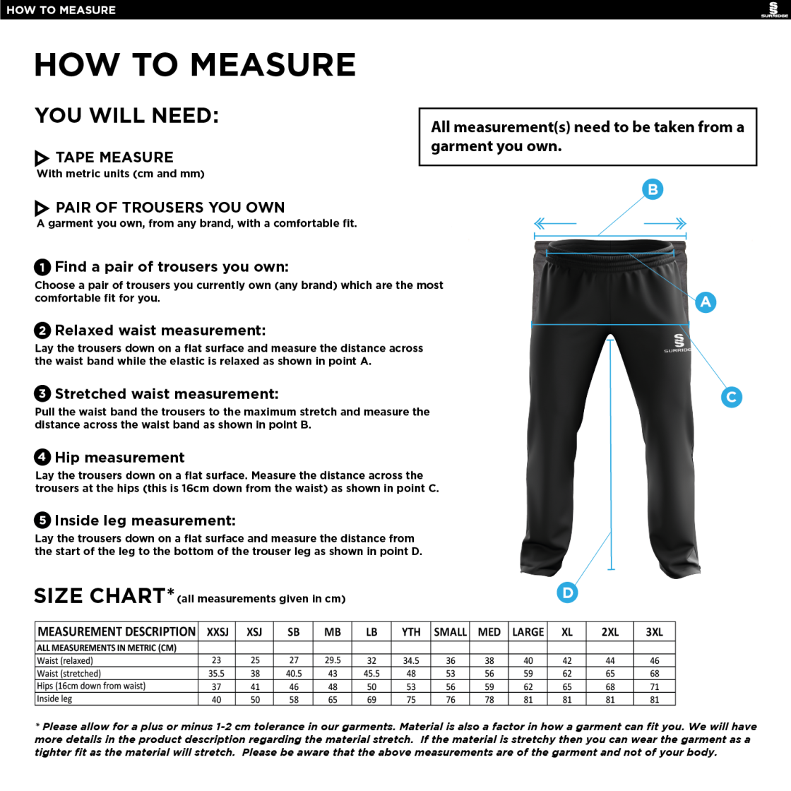 GRIFFINS CC Classic Tracksuit Pant With Thigh Length Zip Black Mens - Size Guide