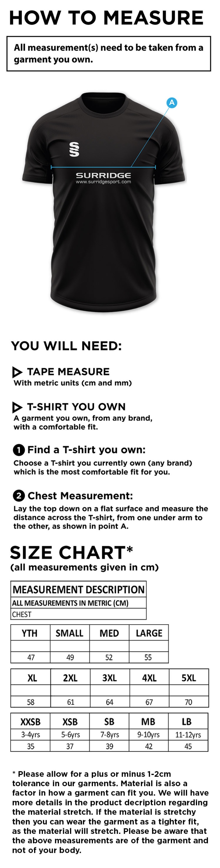 Griffins CC - Blade Polo Shirt - Size Guide