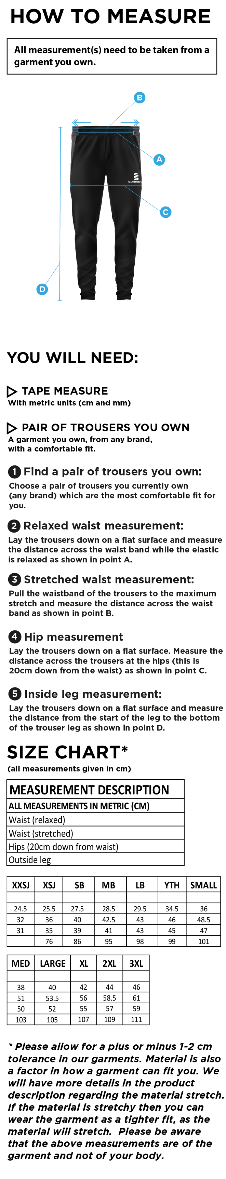 Griffins CC - Tek Performance Pant - Size Guide