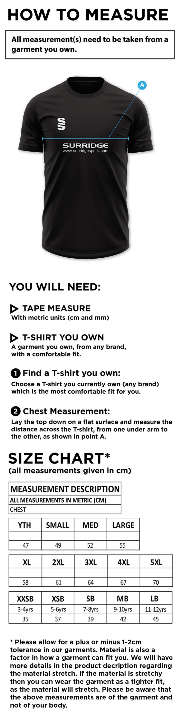 Griffins CC - Blade Training Tee - Size Guide