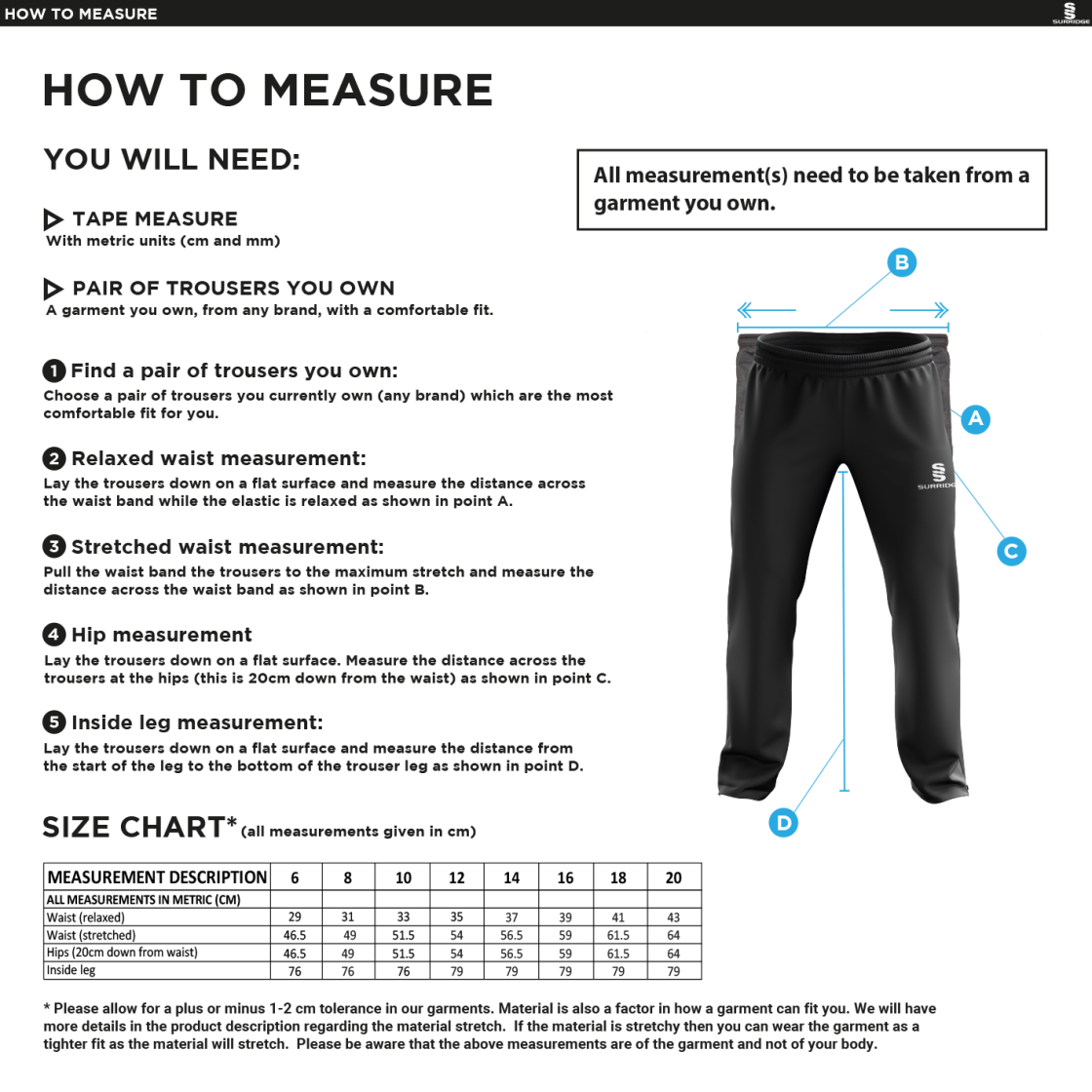 GRIFFINS CC Classic Tracksuit Pant With Thigh Length Zip Black Female - Size Guide