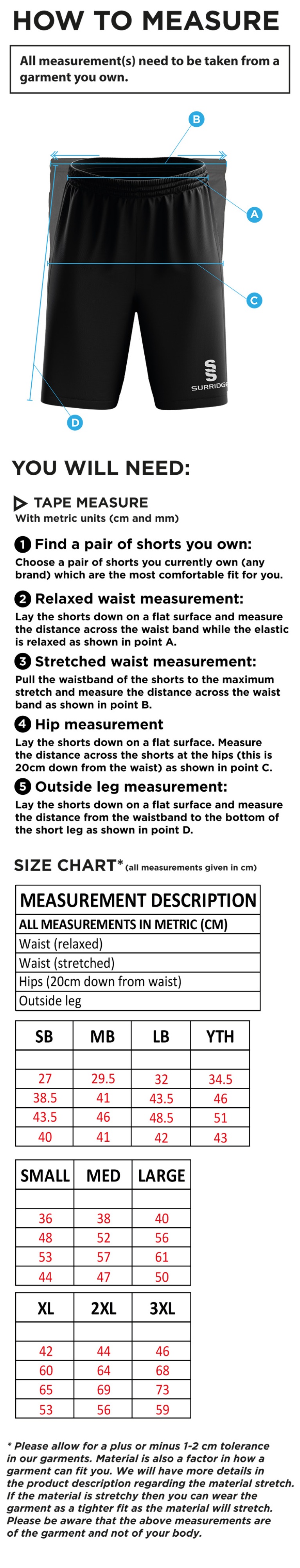 Griffins CC - Blade Shorts - Size Guide