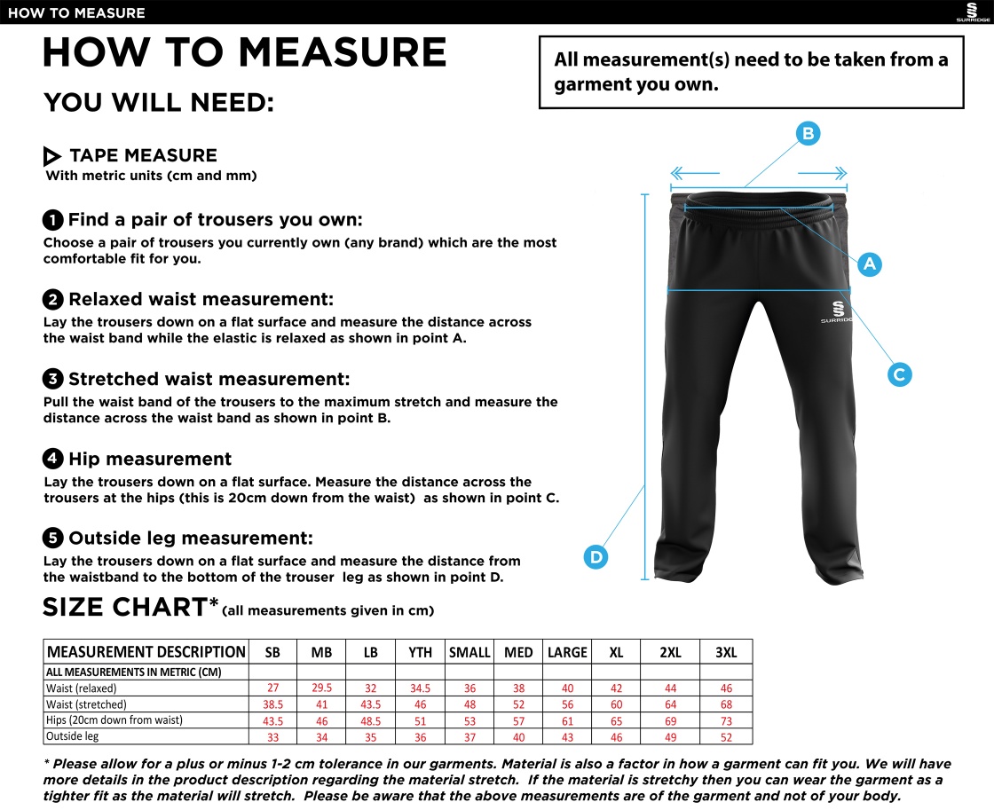 GRIFFINS CC Rip Stop Track Pant : Black - Size Guide