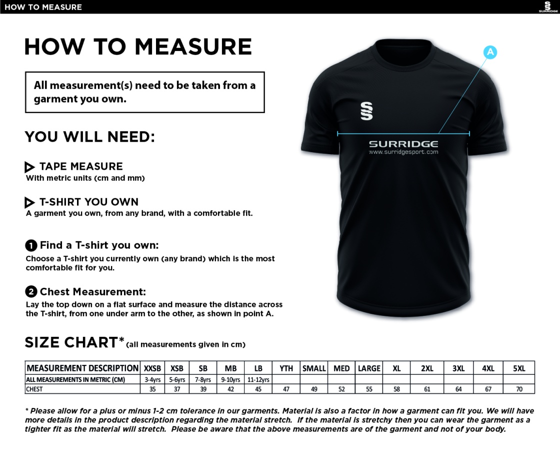 Griffins CC - Blade Training Tee - Size Guide